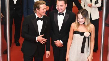 Brad Pitt, Leonardo DiCaprio, et Margot Robbie à Cannes. © ANTONIN THUILLIER / AFP