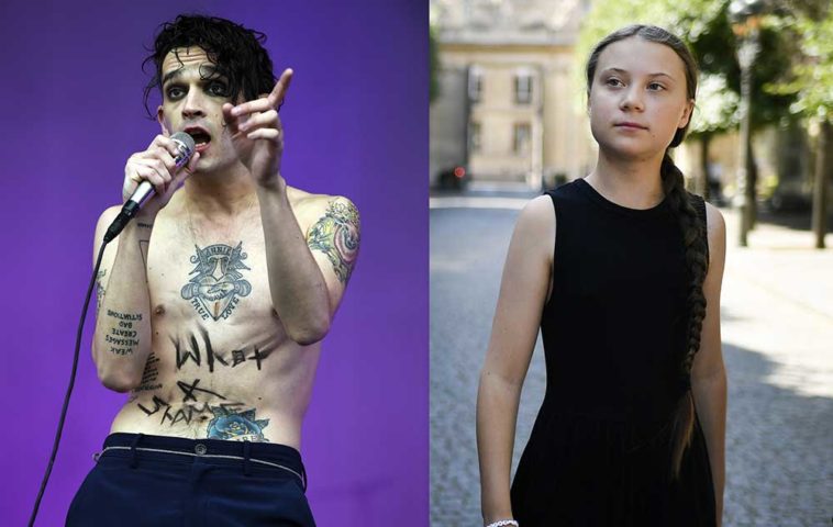 Matthew Healy du groupe anglais The 1975 et la militante suédoise Greta Thunberg © Andy Buchanan / Lionel BONAVENTURE / AFP